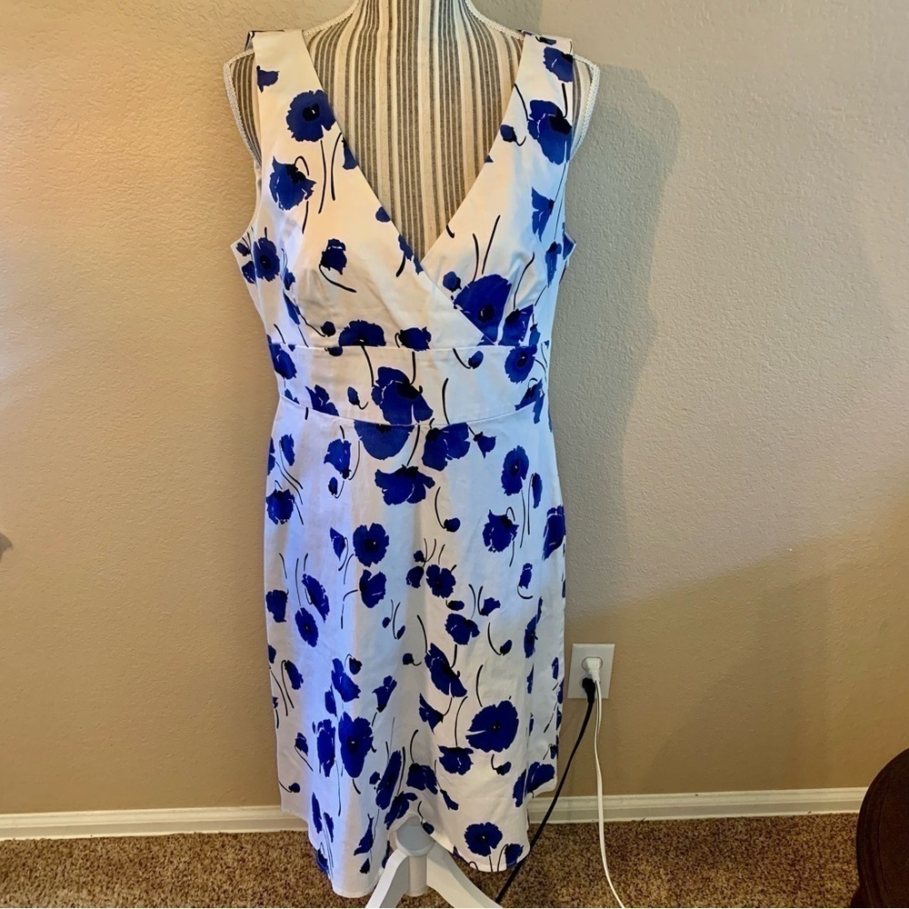 Spense Dress Missy Sz 12 White Blue Floral Cotton Sleeveless Faux Wrap Summer - Picture 1 of 16
